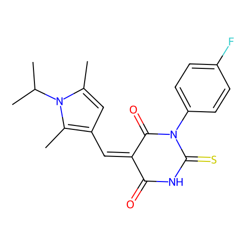 (5Z)-5-[(2,5-dimethyl-1-propan-2-ylpyrrol-3-yl)methylidene]-1-(4-fluorophenyl)-2-sulfanylidene-1,3-diazinane-4,6-dione structure