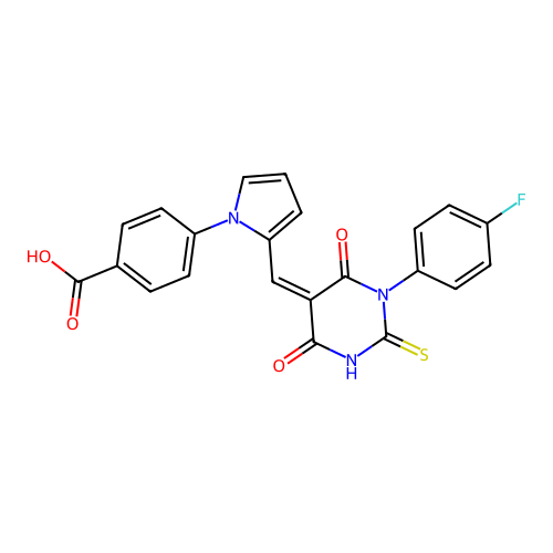 (Z)-4-(2-((1-(4-fluorophenyl)-4,6-dioxo-2-thioxotetrahydropyrimidin-5(2H)-ylidene)methyl)-1H-pyrrol-1-yl)benzoic acid structure