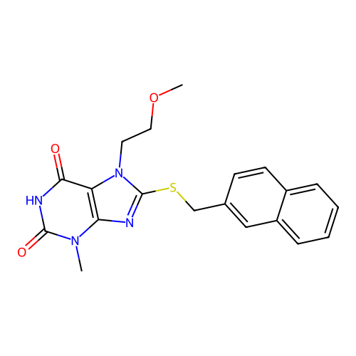 7-(2-methoxyethyl)-3-methyl-8-((naphthalen-2-ylmethyl)thio)-1H-purine-2,6(3H,7H)-dione structure