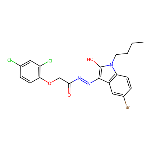 N'-[(3E)-5-bromo-1-butyl-2-oxo-1,2-dihydro-3H-indol-3-ylidene]-2-(2,4-dichlorophenoxy)acetohydrazide structure