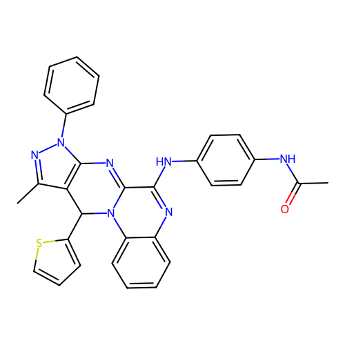N-(4-((10-methyl-8-phenyl-11-(thiophen-2-yl)-8,11-dihydropyrazolo[3',4':4,5]pyrimido[1,2-a]quinoxalin-6-yl)amino)phenyl)acetamide structure