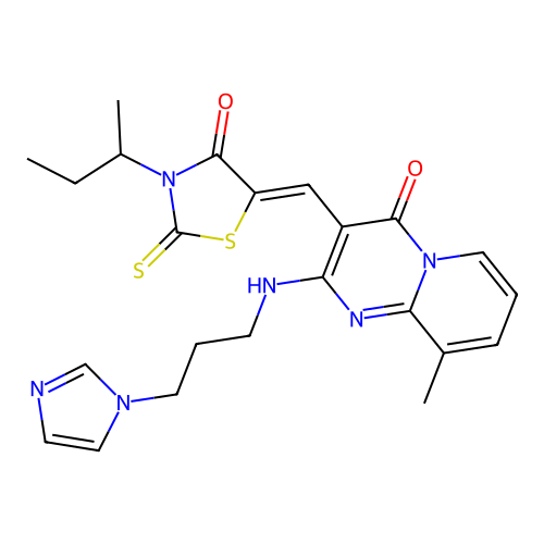 3-{(Z)-[3-(butan-2-yl)-4-oxo-2-thioxo-1,3-thiazolidin-5-ylidene]methyl}-2-{[3-(1H-imidazol-1-yl)propyl]amino}-9-methyl-4H-pyrido[1,2-a]pyrimidin-4-one structure