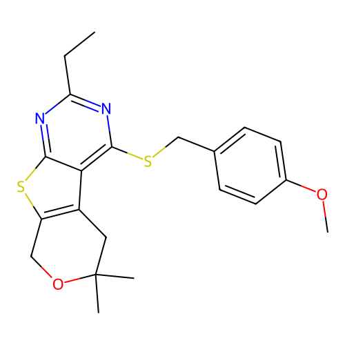 2-ethyl-4-((4-methoxybenzyl)thio)-6,6-dimethyl-6,8-dihydro-5H-pyrano[4',3':4,5]thieno[2,3-d]pyrimidine structure