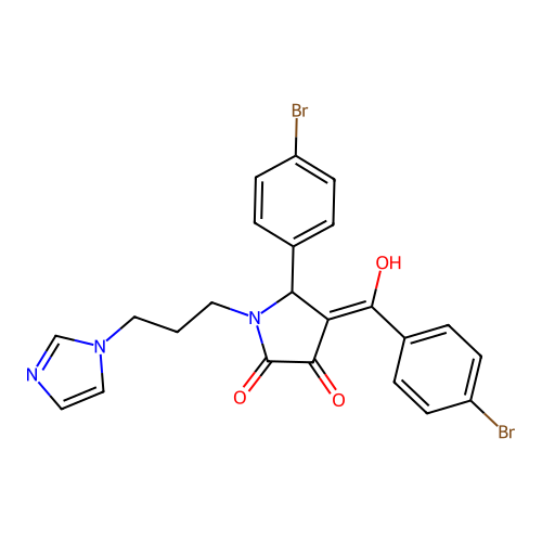 (4E)-5-(4-bromophenyl)-4-[(4-bromophenyl)-hydroxymethylidene]-1-(3-imidazol-1-ylpropyl)pyrrolidine-2,3-dione structure