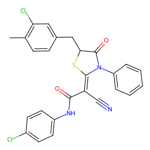 (2Z)-2-[5-(3-chloro-4-methylbenzyl)-4-oxo-3-phenyl-1,3-thiazolidin-2-ylidene]-N-(4-chlorophenyl)-2-cyanoethanamide structure