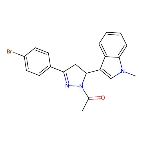 1-(3-(4-bromophenyl)-5-(1-methyl-1H-indol-3-yl)-4,5-dihydro-1H-pyrazol-1-yl)ethanone structure