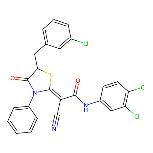(2Z)-2-[5-(3-chlorobenzyl)-4-oxo-3-phenyl-1,3-thiazolidin-2-ylidene]-2-cyano-N-(3,4-dichlorophenyl)ethanamide structure