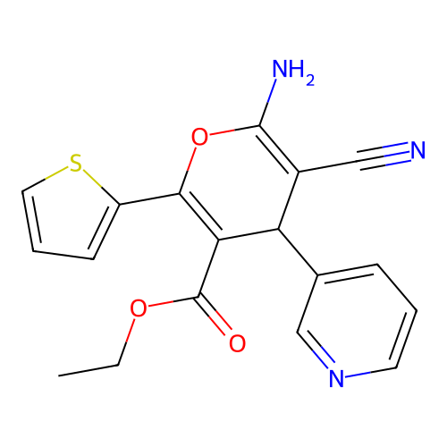 ethyl 6-amino-5-cyano-4-(pyridin-3-yl)-2-(thiophen-2-yl)-4H-pyran-3-carboxylate structure