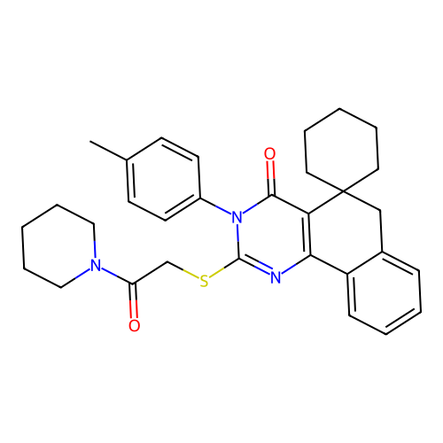 2-((2-oxo-2-(piperidin-1-yl)ethyl)thio)-3-(p-tolyl)-3H-spiro[benzo[h]quinazoline-5,1'-cyclohexan]-4(6H)-one structure