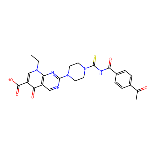 2-(4-((4-acetylbenzoyl)carbamothioyl)piperazin-1-yl)-8-ethyl-5-oxo-5,8-dihydropyrido[2,3-d]pyrimidine-6-carboxylic acid structure