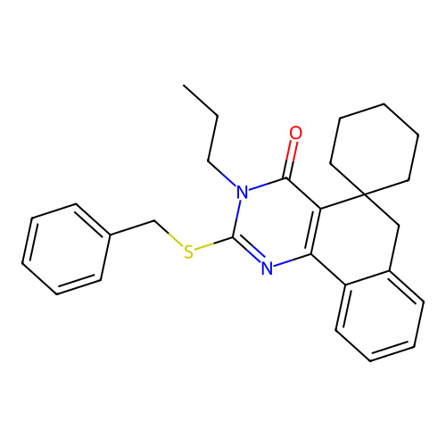 2-(benzylsulfanyl)-3-propyl-3H-spiro[benzo[h]quinazoline-5,1'-cyclohexan]-4(6H)-one structure