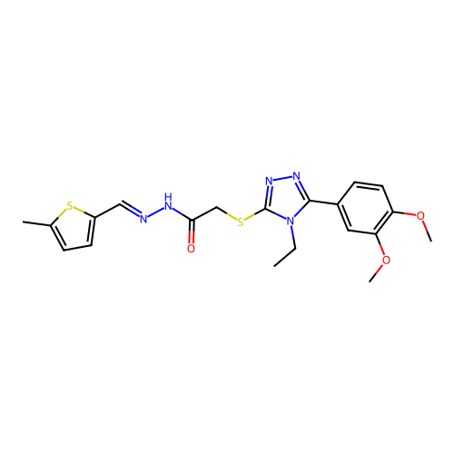 (E)-2-((5-(3,4-dimethoxyphenyl)-4-ethyl-4H-1,2,4-triazol-3-yl)thio)-N'-((5-methylthiophen-2-yl)methylene)acetohydrazide structure
