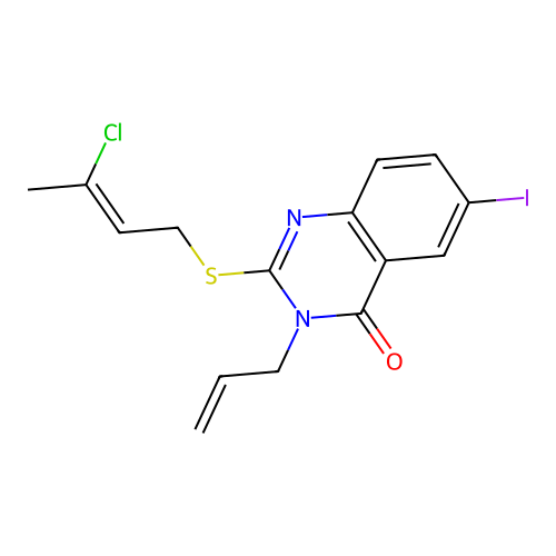 3-allyl-2-((3-chlorobut-2-en-1-yl)thio)-6-iodoquinazolin-4(3H)-one structure