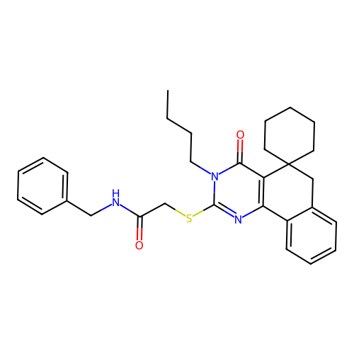 N-benzyl-2-((3-butyl-4-oxo-4,6-dihydro-3H-spiro[benzo[h]quinazoline-5,1'-cyclohexan]-2-yl)thio)acetamide structure