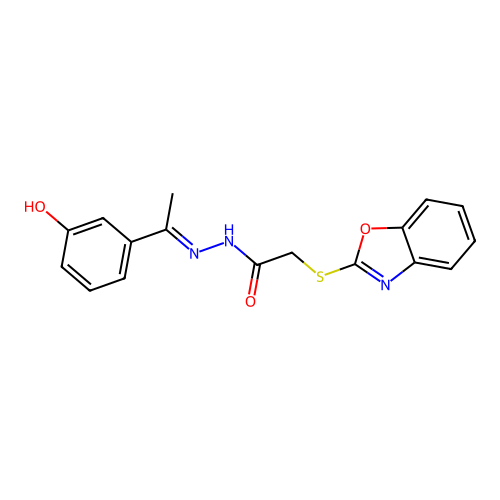 (Benzooxazol-2-ylsulfanyl)-acetic acid [1-(3-hydroxy-phenyl)-eth-(E)-ylidene]-hydrazide structure