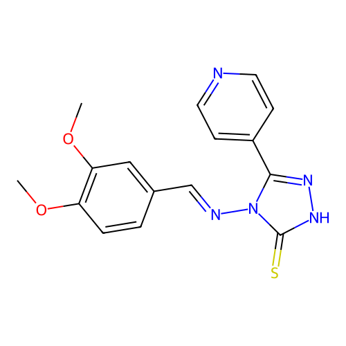 (E)-4-((3,4-dimethoxybenzylidene)amino)-5-(pyridin-4-yl)-4H-1,2,4-triazole-3-thiol structure