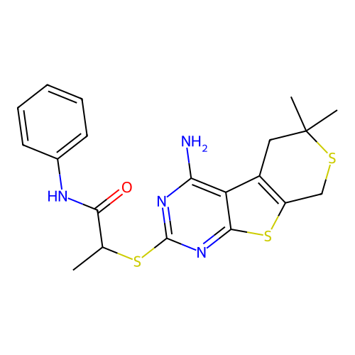 2-[(4-amino-6,6-dimethyl-5,8-dihydro-6H-thiopyrano[4',3':4,5]thieno[2,3-d]pyrimidin-2-yl)sulfanyl]-N-phenylpropanamide structure
