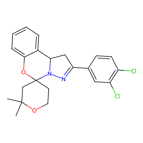 2'-(3,4-dichlorophenyl)-2,2-dimethyl-1',2,3,5,6,10b'-hexahydrospiro[pyran-4,5'-pyrazolo[1,5-c][1,3]benzoxazine] structure