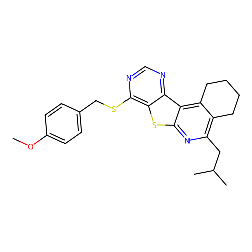 5-isobutyl-8-((4-methoxybenzyl)thio)-1,2,3,4-tetrahydropyrimido[4',5':4,5]thieno[2,3-c]isoquinoline structure