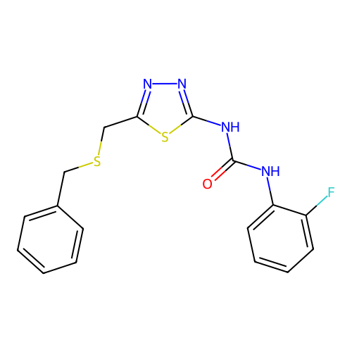 1-(5-((benzylthio)methyl)-1,3,4-thiadiazol-2-yl)-3-(2-fluorophenyl)urea structure