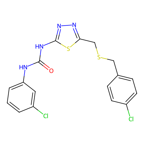 1-(3-chlorophenyl)-3-[5-[(4-chlorophenyl)methylsulfanylmethyl]-1,3,4-thiadiazol-2-yl]urea structure