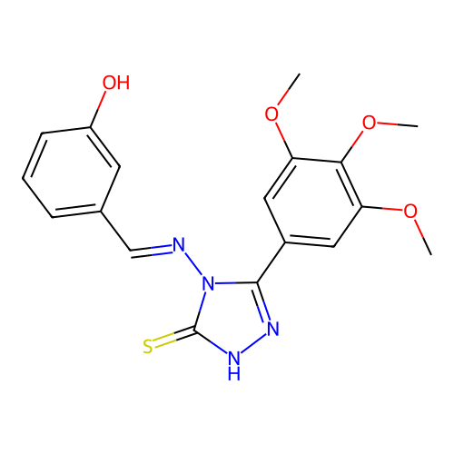 (E)-3-(((3-mercapto-5-(3,4,5-trimethoxyphenyl)-4H-1,2,4-triazol-4-yl)imino)methyl)phenol structure