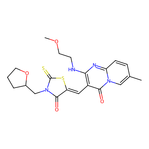 (Z)-5-((2-((2-methoxyethyl)amino)-7-methyl-4-oxo-4H-pyrido[1,2-a]pyrimidin-3-yl)methylene)-3-((tetrahydrofuran-2-yl)methyl)-2-thioxothiazolidin-4-one structure
