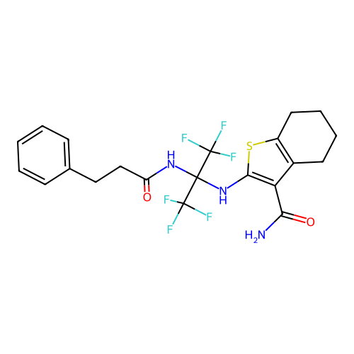 2-((1,1,1,3,3,3-hexafluoro-2-(3-phenylpropanamido)propan-2-yl)amino)-4,5,6,7-tetrahydrobenzo[b]thiophene-3-carboxamide structure