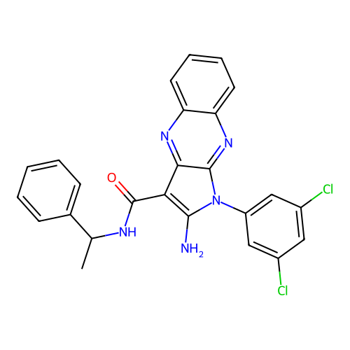 2-amino-1-(3,5-dichlorophenyl)-N-(1-phenylethyl)-1H-pyrrolo[2,3-b]quinoxaline-3-carboxamide structure