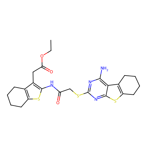 ethyl [2-({[(4-amino-5,6,7,8-tetrahydro[1]benzothieno[2,3-d]pyrimidin-2-yl)sulfanyl]acetyl}amino)-4,5,6,7-tetrahydro-1-benzothiophen-3-yl]acetate structure