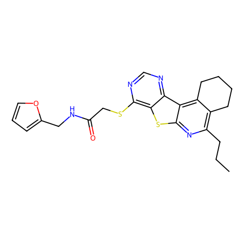 N-(furan-2-ylmethyl)-2-((5-propyl-1,2,3,4-tetrahydropyrimido[4',5':4,5]thieno[2,3-c]isoquinolin-8-yl)thio)acetamide structure