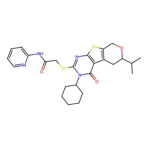2-((3-cyclohexyl-6-isopropyl-4-oxo-4,5,6,8-tetrahydro-3H-pyrano[4',3':4,5]thieno[2,3-d]pyrimidin-2-yl)thio)-N-(pyridin-2-yl)acetamide structure