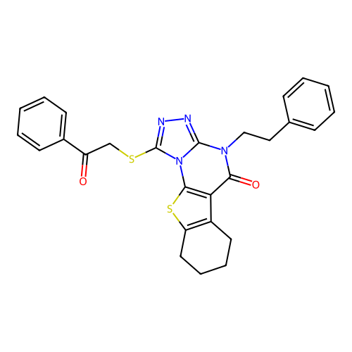 1-((2-oxo-2-phenylethyl)thio)-4-phenethyl-6,7,8,9-tetrahydrobenzo[4,5]thieno[3,2-e][1,2,4]triazolo[4,3-a]pyrimidin-5(4H)-one structure