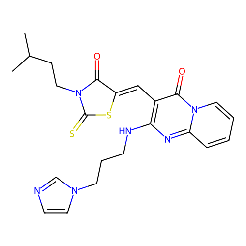 2-{[3-(1H-imidazol-1-yl)propyl]amino}-3-{(Z)-[3-(3-methylbutyl)-4-oxo-2-thioxo-1,3-thiazolidin-5-ylidene]methyl}-4H-pyrido[1,2-a]pyrimidin-4-one structure