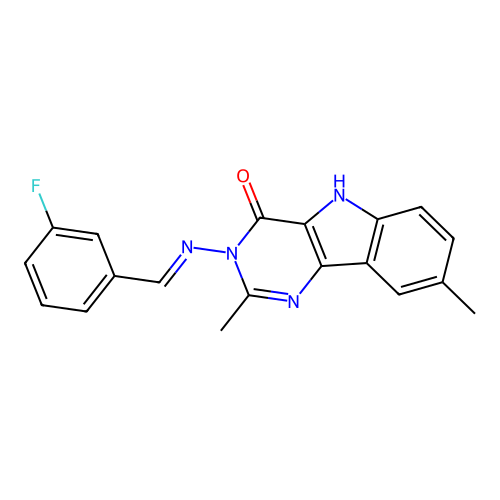 (E)-3-((3-fluorobenzylidene)amino)-2,8-dimethyl-3H-pyrimido[5,4-b]indol-4(5H)-one structure