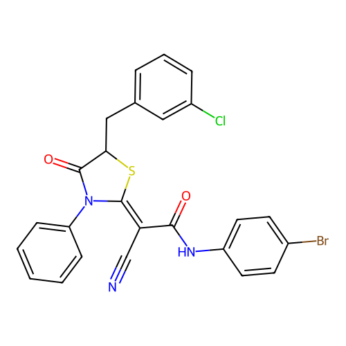 (2Z)-N-(4-bromophenyl)-2-[5-(3-chlorobenzyl)-4-oxo-3-phenyl-1,3-thiazolidin-2-ylidene]-2-cyanoethanamide structure
