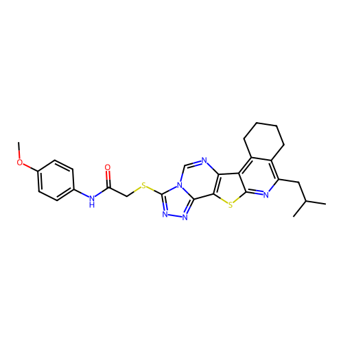 2-((11-isobutyl-7,8,9,10-tetrahydro-[1,2,4]triazolo[4'',3'':1',6']pyrimido[4',5':4,5]thieno[2,3-c]isoquinolin-3-yl)thio)-N-(4-methoxyphenyl)acetamide structure