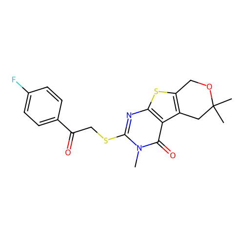 2-((2-(4-fluorophenyl)-2-oxoethyl)thio)-3,6,6-trimethyl-5,6-dihydro-3H-pyrano[4',3':4,5]thieno[2,3-d]pyrimidin-4(8H)-one structure