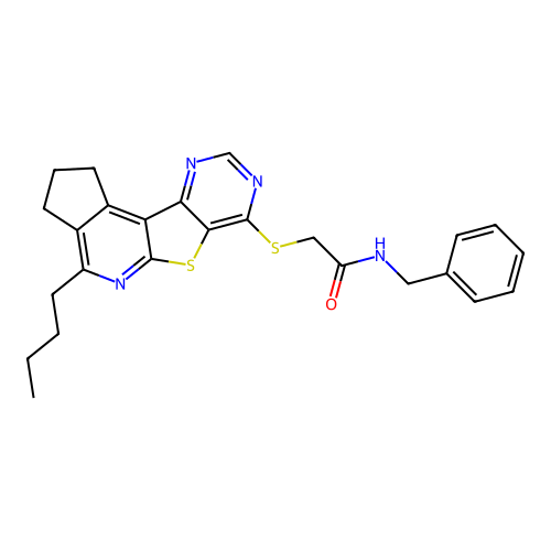 N-benzyl-2-((4-butyl-2,3-dihydro-1H-cyclopenta[4',5']pyrido[3',2':4,5]thieno[3,2-d]pyrimidin-7-yl)thio)acetamide structure