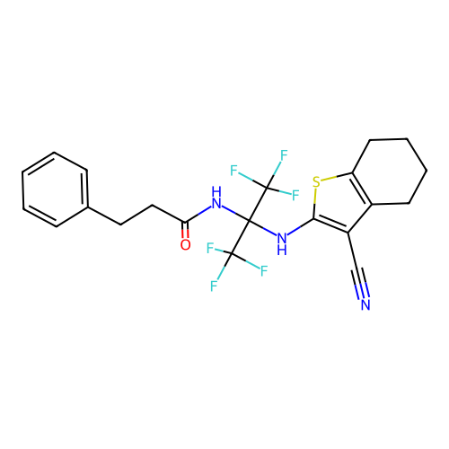 N-(2-((3-cyano-4,5,6,7-tetrahydrobenzo[b]thiophen-2-yl)amino)-1,1,1,3,3,3-hexafluoropropan-2-yl)-3-phenylpropanamide structure