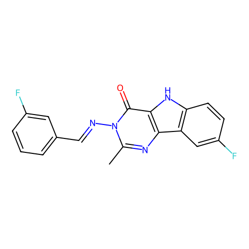 (E)-8-fluoro-3-((3-fluorobenzylidene)amino)-2-methyl-3H-pyrimido[5,4-b]indol-4(5H)-one structure