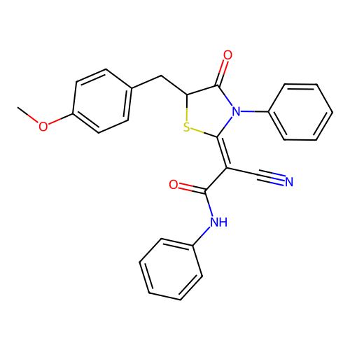 (Z)-2-cyano-2-(5-(4-methoxybenzyl)-4-oxo-3-phenylthiazolidin-2-ylidene)-N-phenylacetamide structure