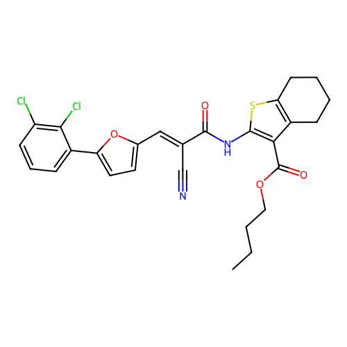 (E)-butyl 2-(2-cyano-3-(5-(2,3-dichlorophenyl)furan-2-yl)acrylamido)-4,5,6,7-tetrahydrobenzo[b]thiophene-3-carboxylate structure