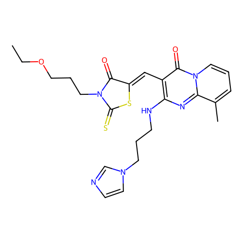 3-{(Z)-[3-(3-ethoxypropyl)-4-oxo-2-thioxo-1,3-thiazolidin-5-ylidene]methyl}-2-{[3-(1H-imidazol-1-yl)propyl]amino}-9-methyl-4H-pyrido[1,2-a]pyrimidin-4-one structure