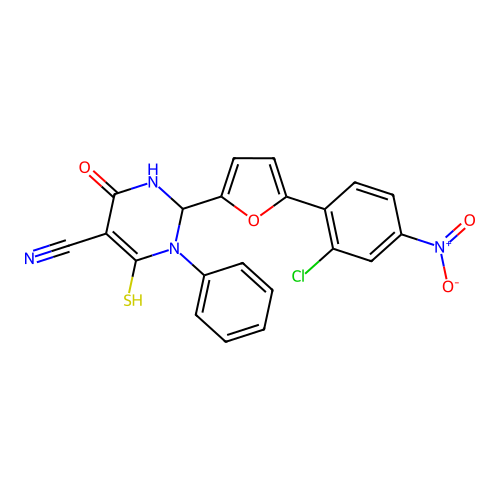 2-(5-(2-chloro-4-nitrophenyl)furan-2-yl)-6-mercapto-4-oxo-1-phenyl-1,2,3,4-tetrahydropyrimidine-5-carbonitrile structure