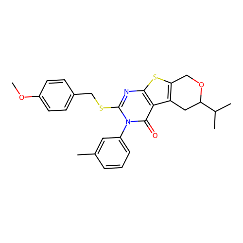 2-[(4-methoxybenzyl)sulfanyl]-3-(3-methylphenyl)-6-(propan-2-yl)-3,5,6,8-tetrahydro-4H-pyrano[4',3':4,5]thieno[2,3-d]pyrimidin-4-one structure