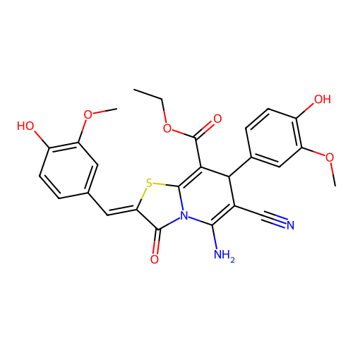 ethyl (2Z)-5-amino-6-cyano-2-(4-hydroxy-3-methoxybenzylidene)-7-(4-hydroxy-3-methoxyphenyl)-3-oxo-2,3-dihydro-7H-[1,3]thiazolo[3,2-a]pyridine-8-carboxylate structure