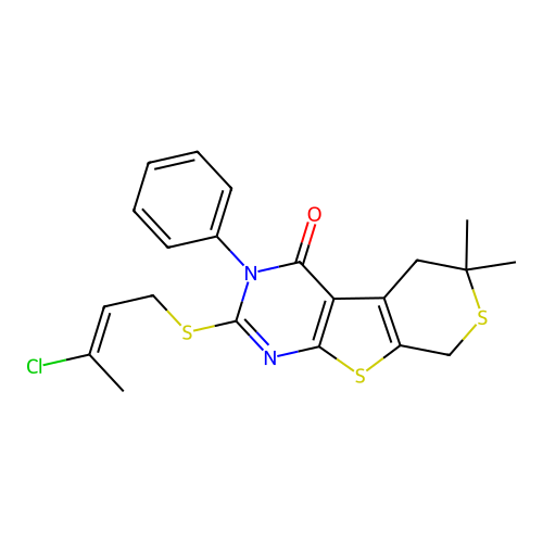 (E)-2-((3-chlorobut-2-en-1-yl)thio)-6,6-dimethyl-3-phenyl-5,6-dihydro-3H-thiopyrano[4',3':4,5]thieno[2,3-d]pyrimidin-4(8H)-one structure