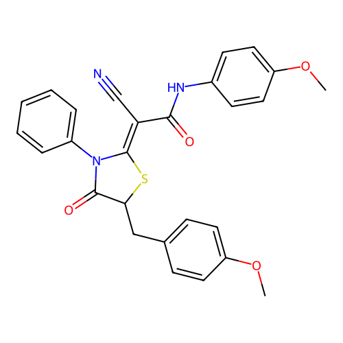 (Z)-2-cyano-2-(5-(4-methoxybenzyl)-4-oxo-3-phenylthiazolidin-2-ylidene)-N-(4-methoxyphenyl)acetamide structure