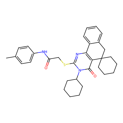 2-((3-cyclohexyl-4-oxo-4,6-dihydro-3H-spiro[benzo[h]quinazoline-5,1'-cyclohexan]-2-yl)thio)-N-(p-tolyl)acetamide structure